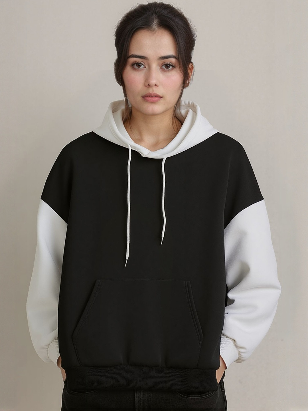 Moda Rapido Women Black Cotton Blend Colourblock Hooded Sweatshirt