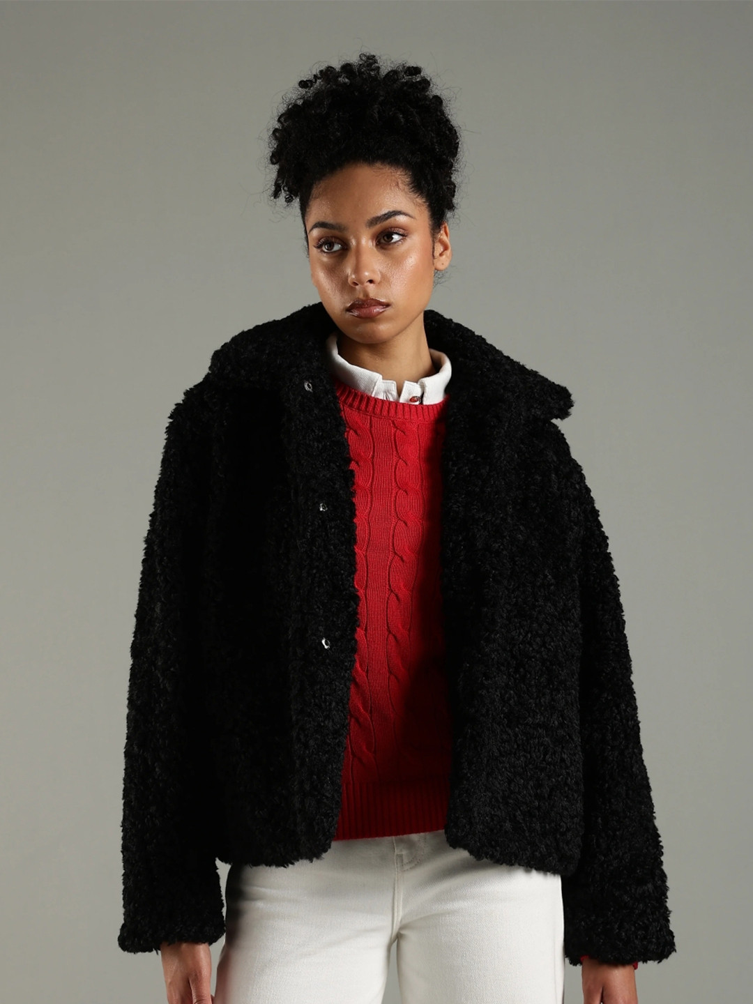 Tommy Hilfiger Women Spread Collar Solid Sherpa Jacket