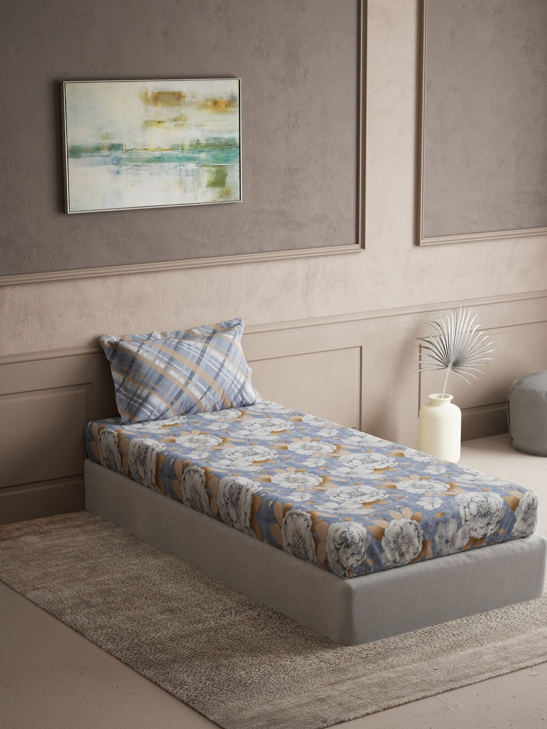 DDecor Cherish Blue & White Floral Pure Cotton 144 TC Single Bedsheet Set-1.52 m X 2.29 m