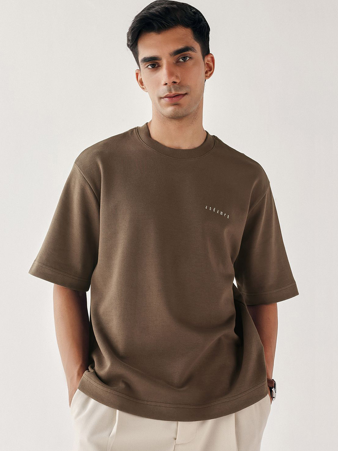 Andamen Men Brand Logo Printed Round Neck Relaxed Fit T-shirt