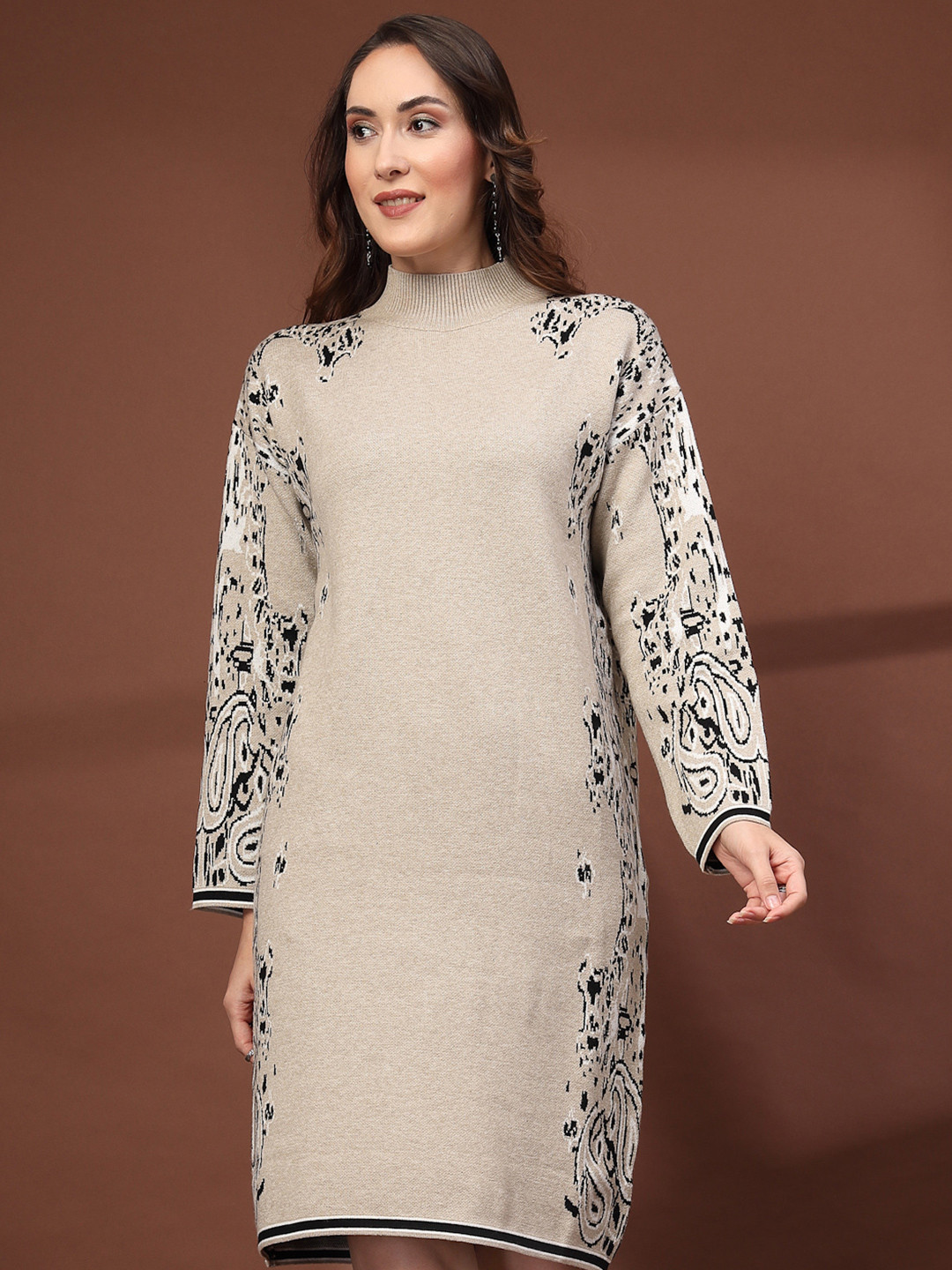 Mafadeny Women's Mock Neck Knit Dress with Ivory Baroque Paisley Pattern