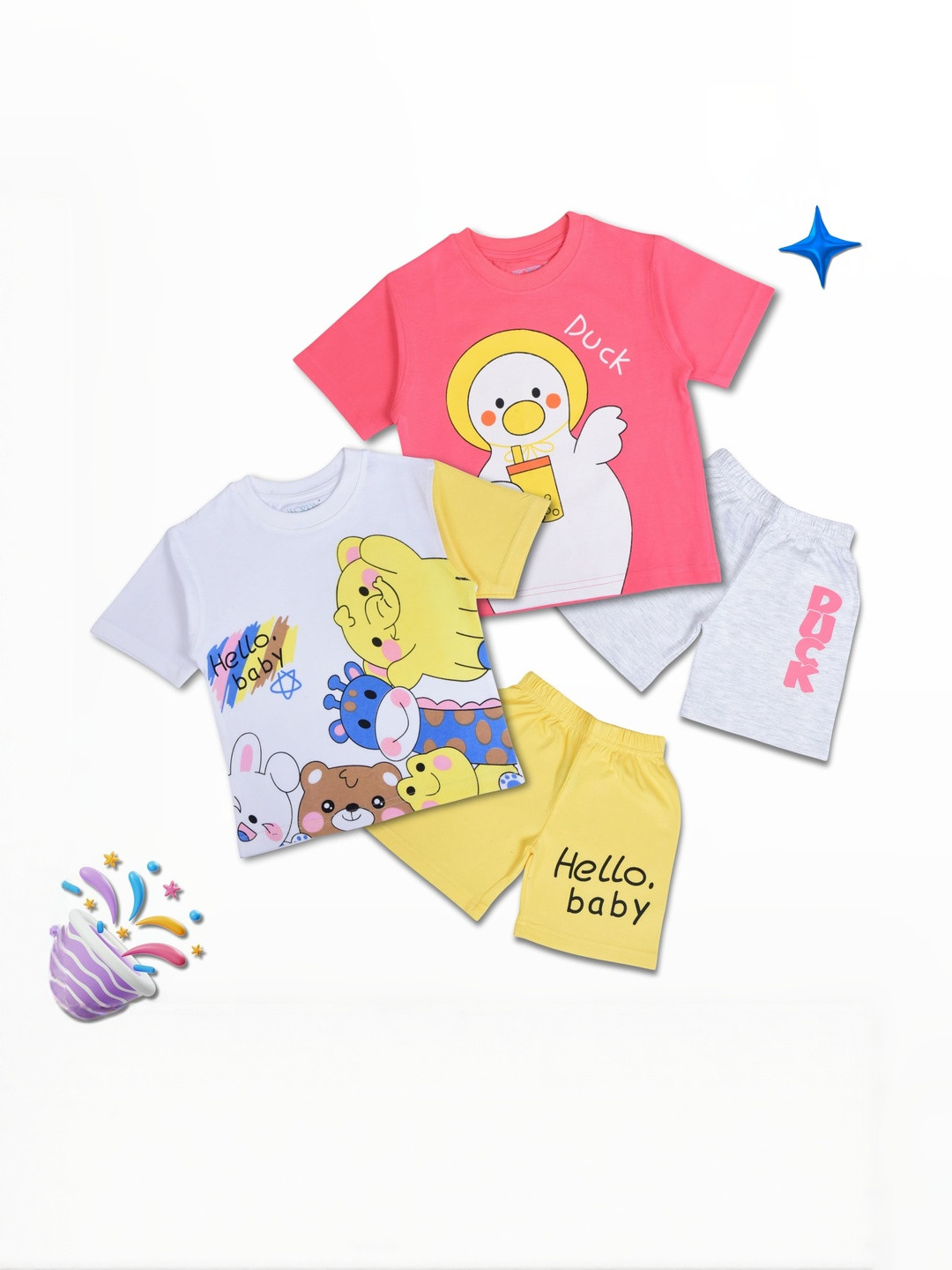 WORTON FASHION Set Of 2 Unisex Kids Printed T-shirt with Shorts