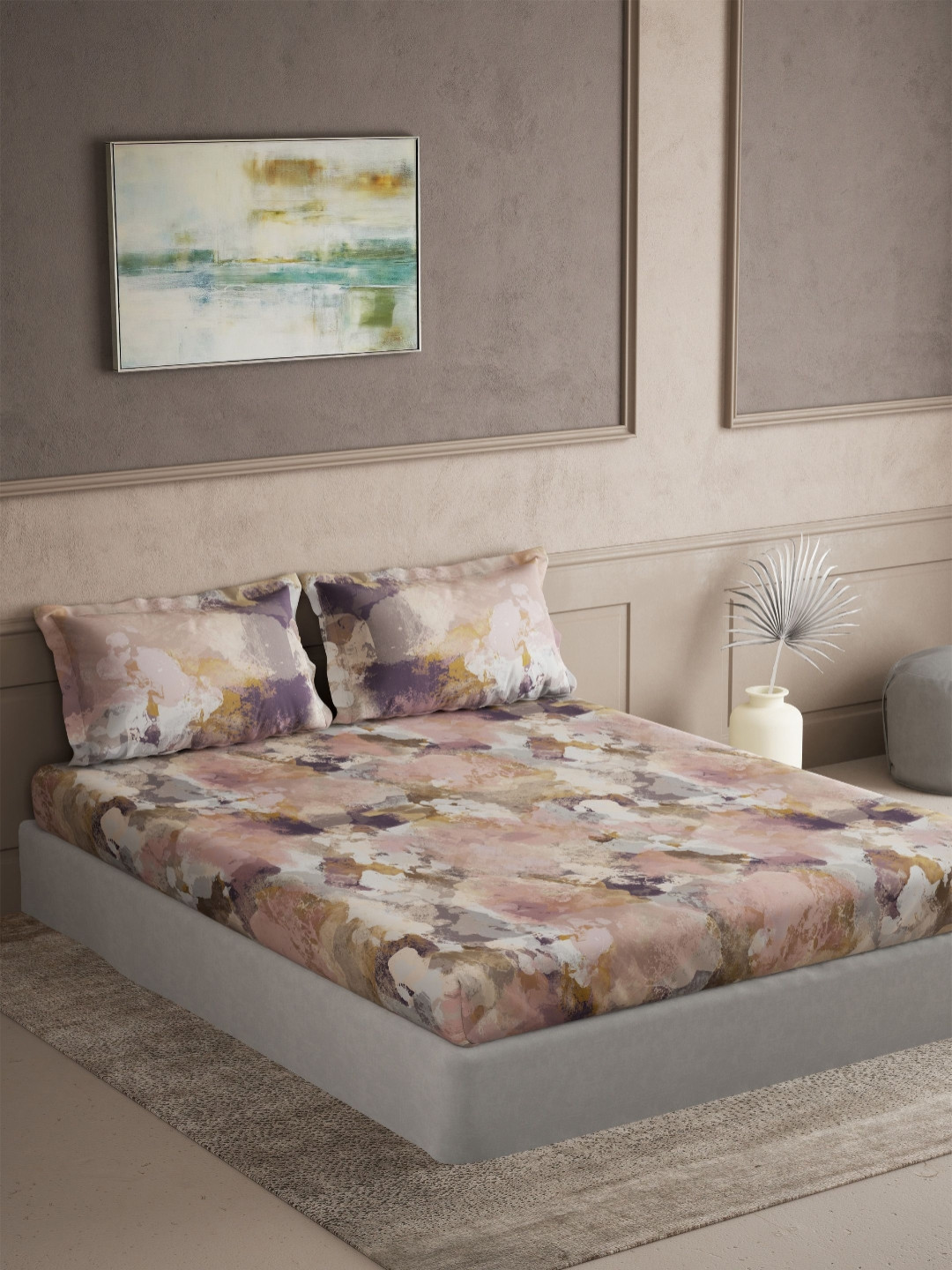 DDecor Souvenir Pink Abstract Pure Cotton 144 TC Super King Bedsheet Set-2.74 m X 2.74 m