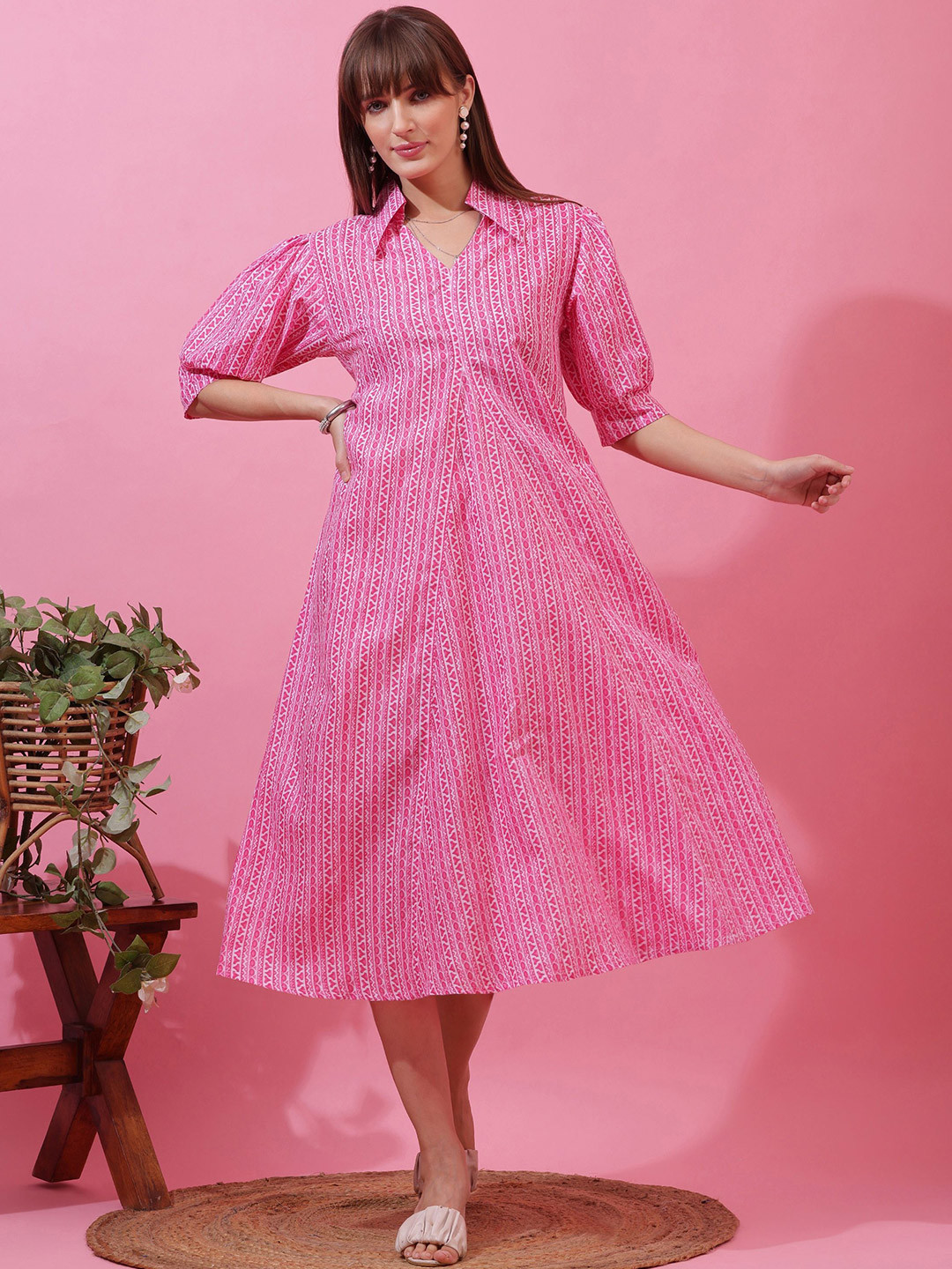 De La Moda Women Stripe Printed Cotton A-Line Midi Dress