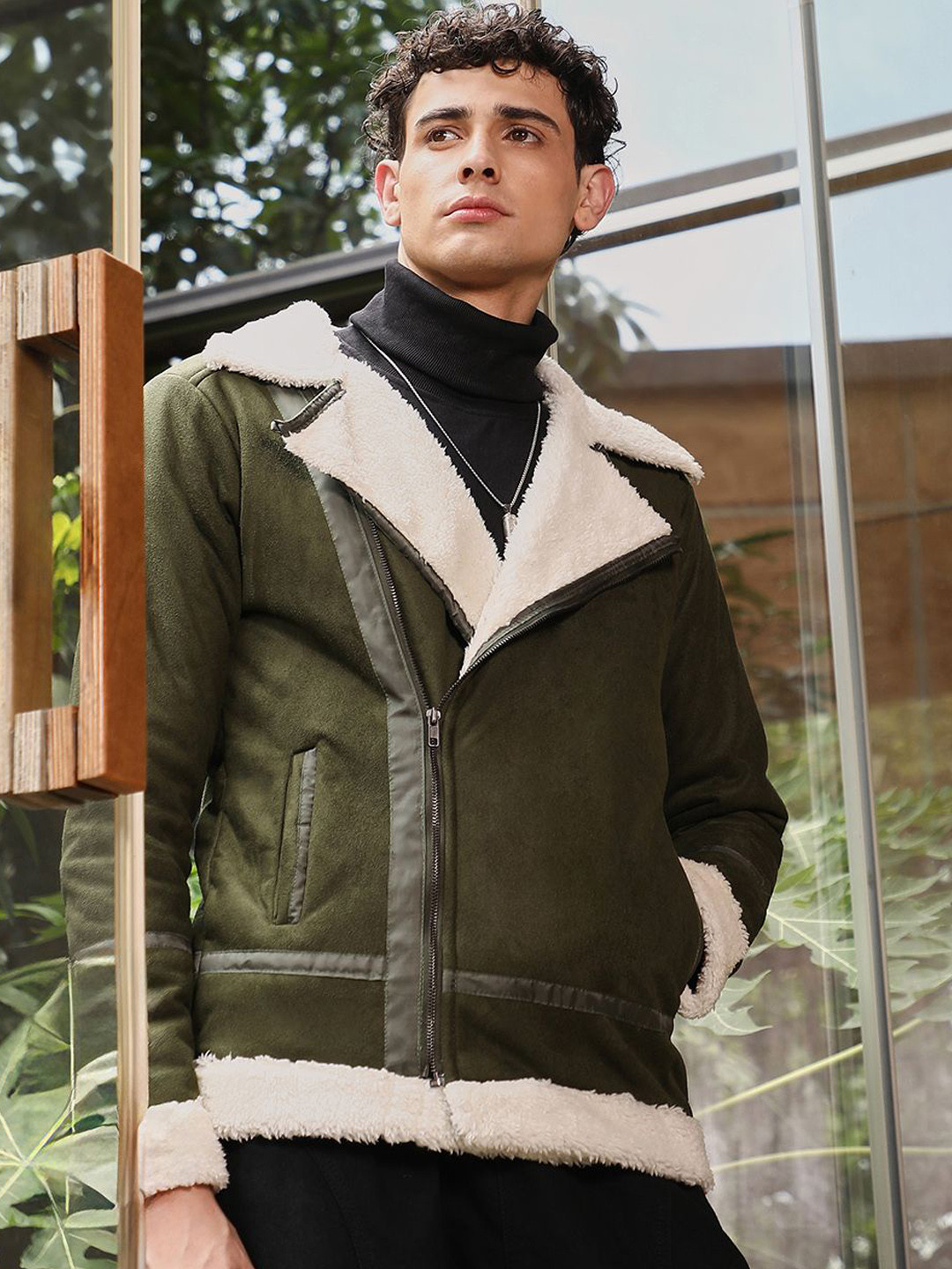 Campus Sutra Suede Spread Collar Lightweight Biker Jacket With Patchwork