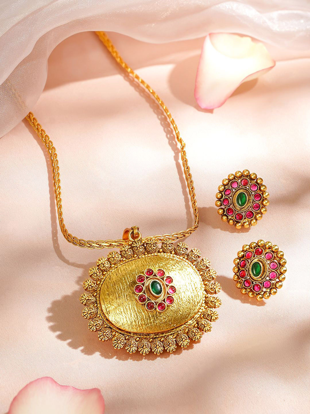 Rubans Women 18K Gold-Plated Pendant Set with Frame and Green & Ruby Pink Stones