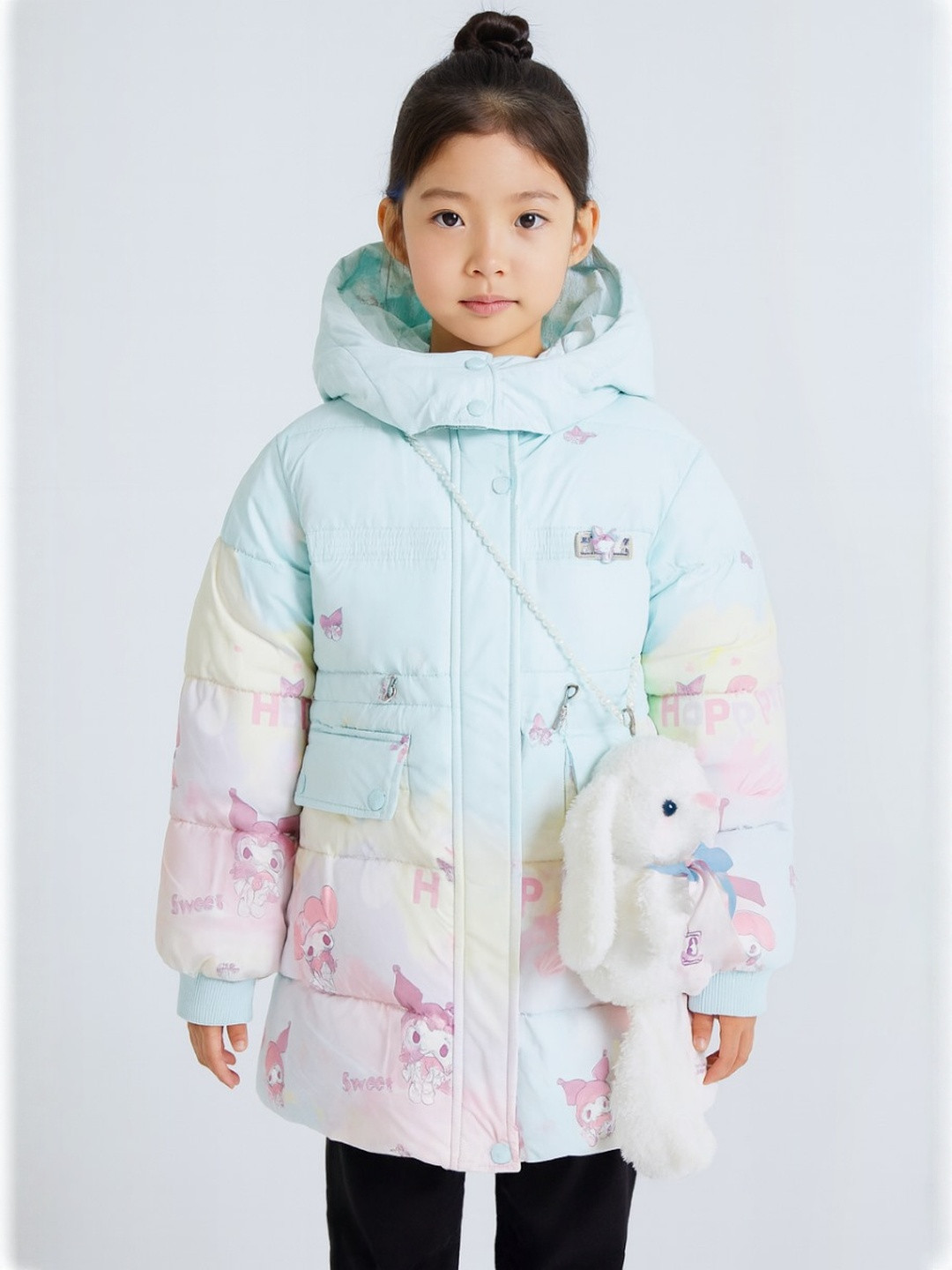 AIDAN PAUL Girls Graphic Printed Hooded Faux Fur Water Resistant Padded Jacket With Bag