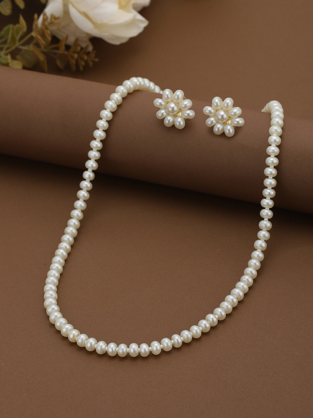 Gold Plated Pearl Beaded Necklace and Earring Set