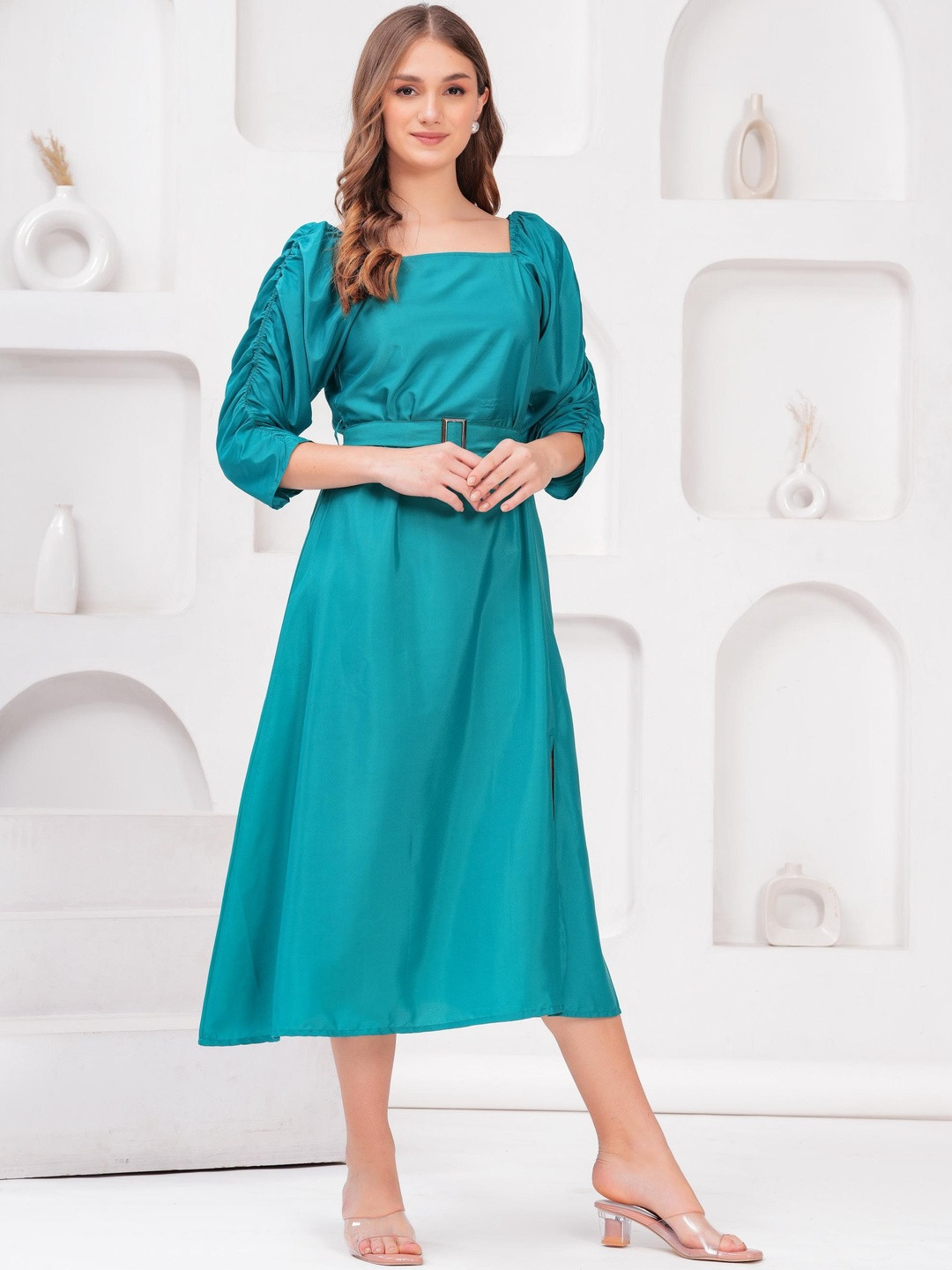 Jyoti Teal Crepe Fit & Flare Dress
