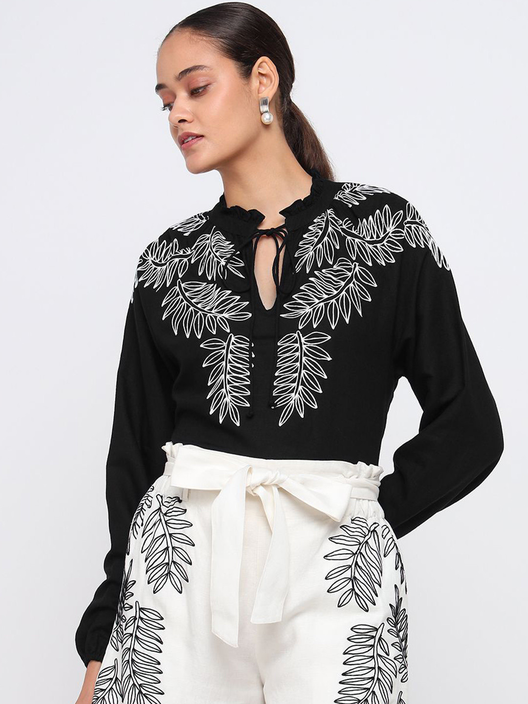 COVER STORY Women Tropical Printed Mandarin Collar Cotton Top