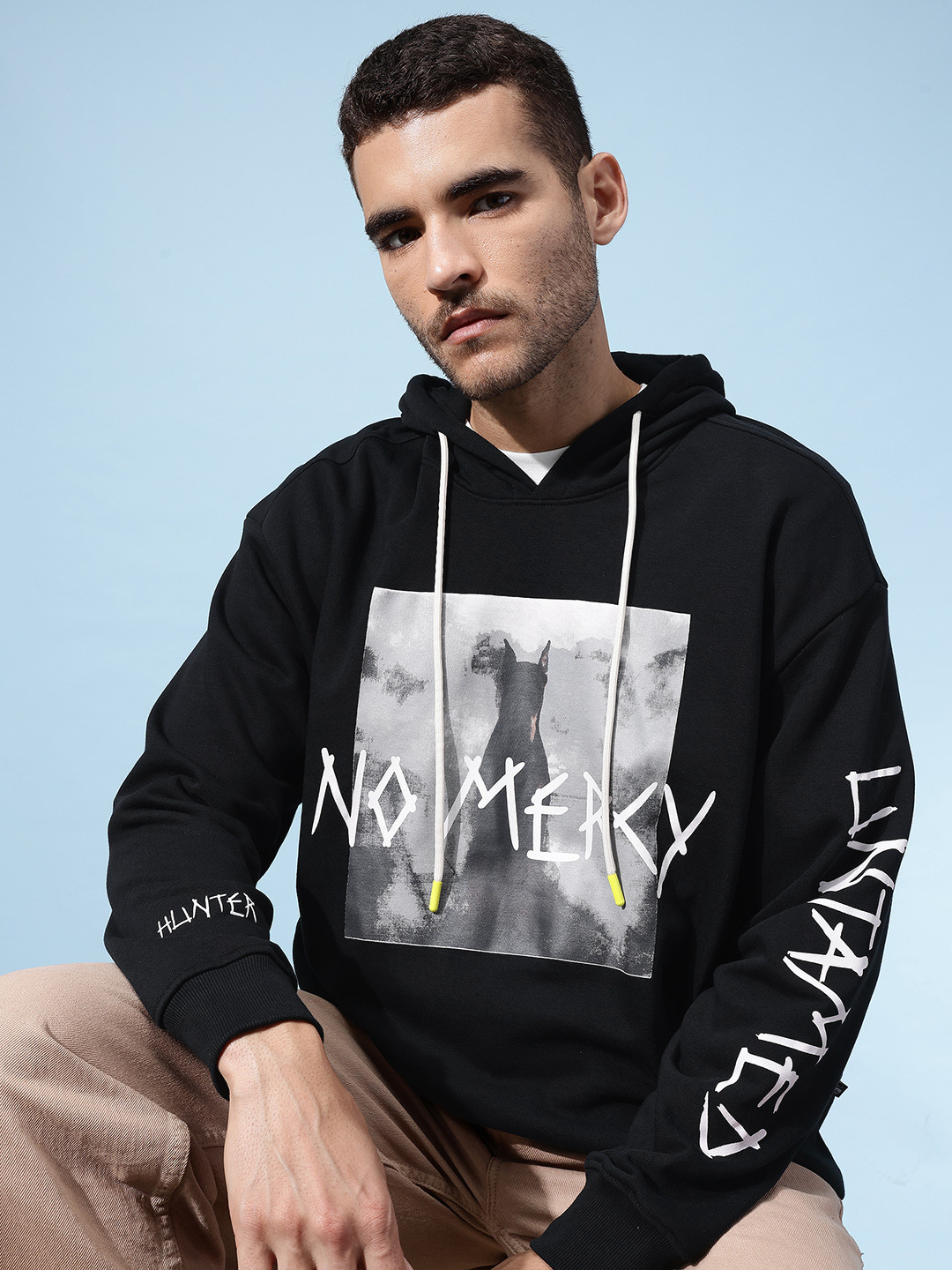 glitchez Animal Graphic & Typography Print Drop-Sleeves Hooded Oversized Terry Sweatshirt