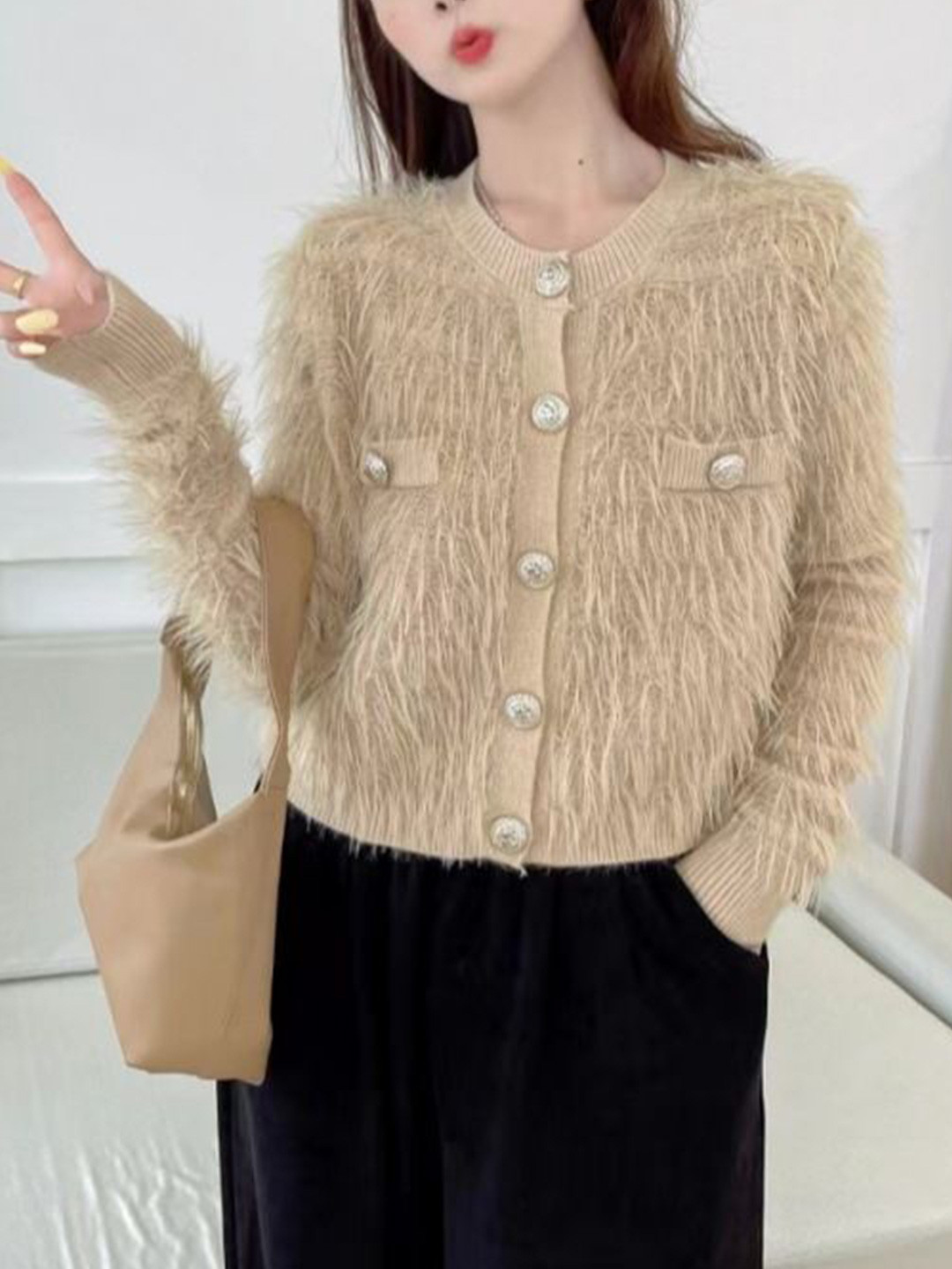 StyleCast Women Fuzzy Long Sleeves Henley Neck Front-Open Sweaters