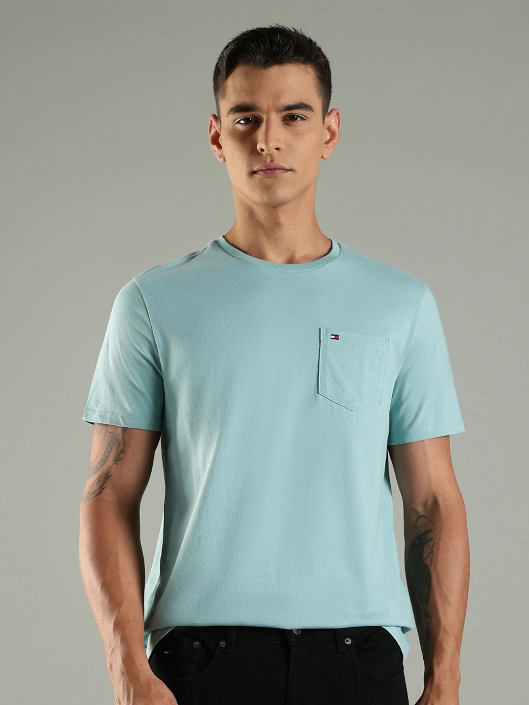 Tommy Hilfiger U.S Men Self Design Round Neck Pockets T-shirt