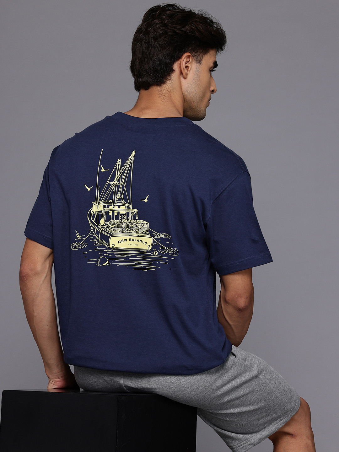 New Balance Lobster Boat Print Drop-Sleeves Pure Cotton Relaxed Fit T-shirt