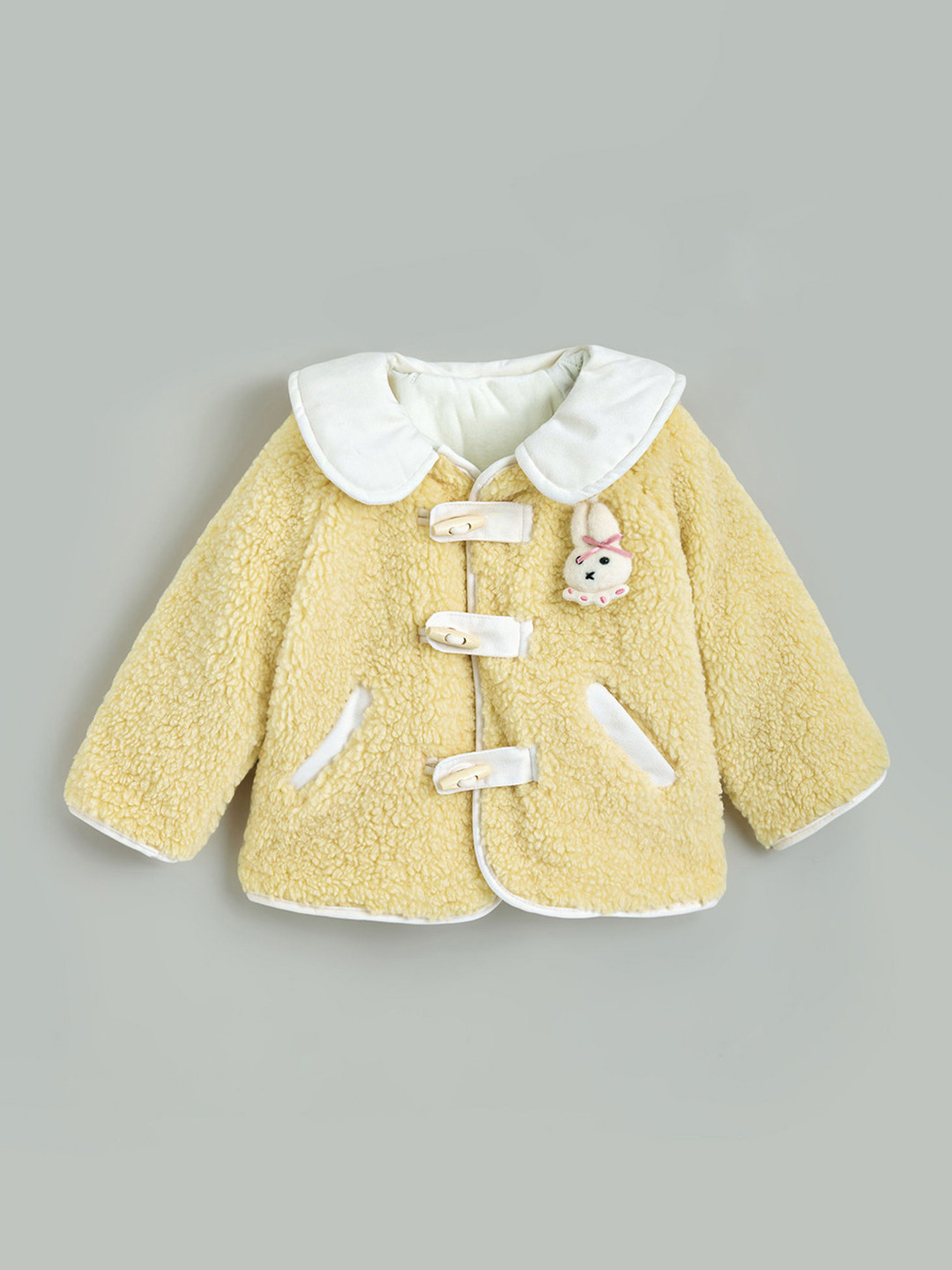 Hopscotch Kids Girls Yellow & White Bunny Applique Long Coat