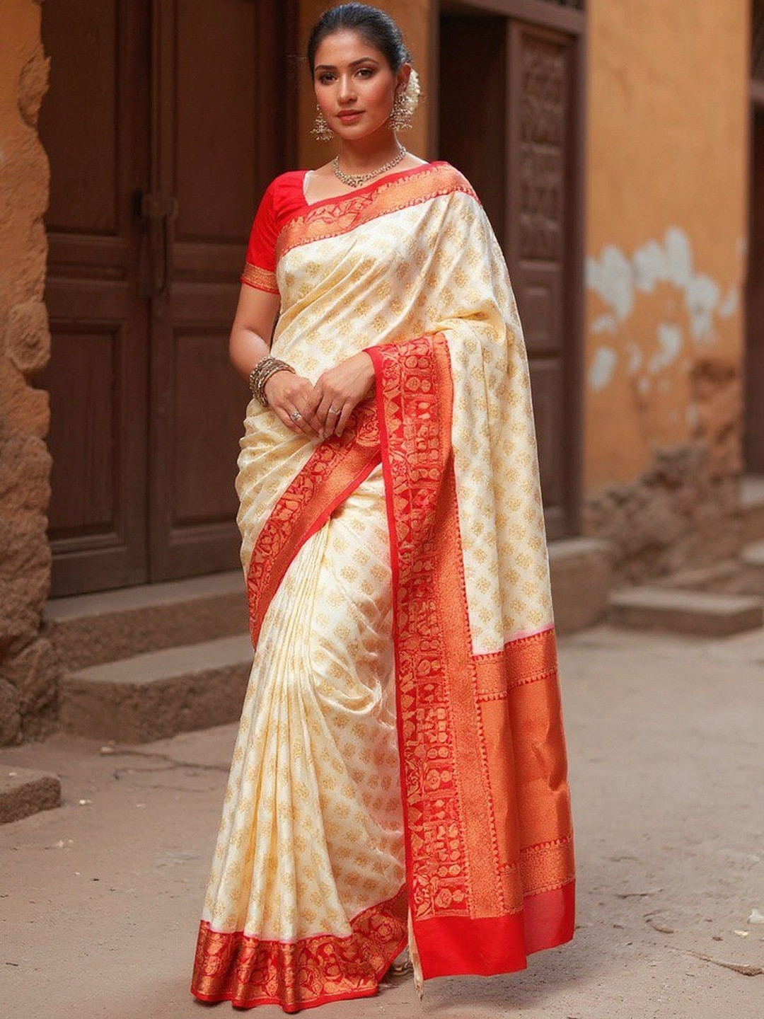 VILLE FASHION Cream Art Silk Woven Design Kanjeevaram Sarees
