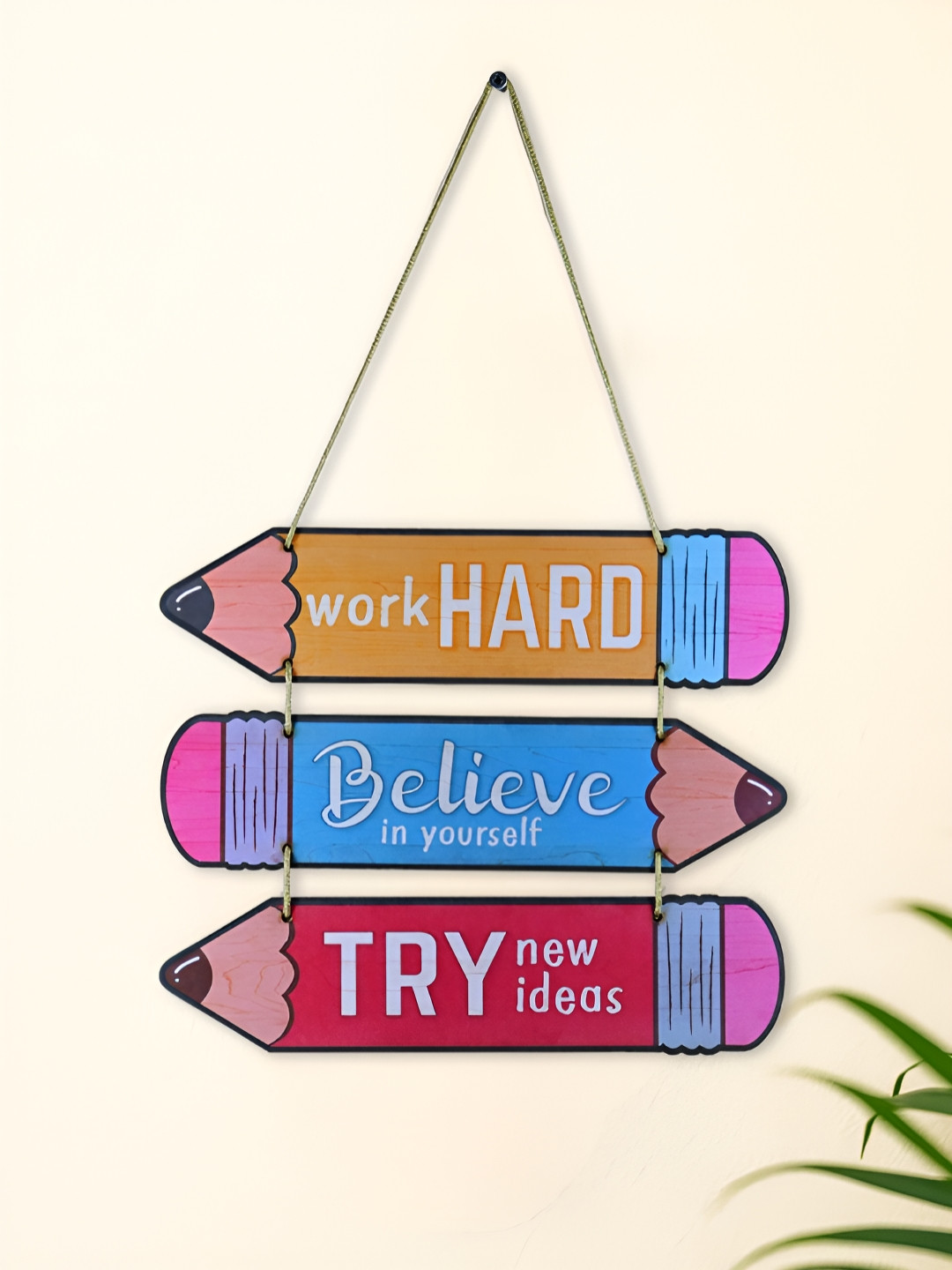 INTERNATIONAL GIFT Blue & Pink Pencil Design Work Hard Believe Try Quotes Wall Hanging