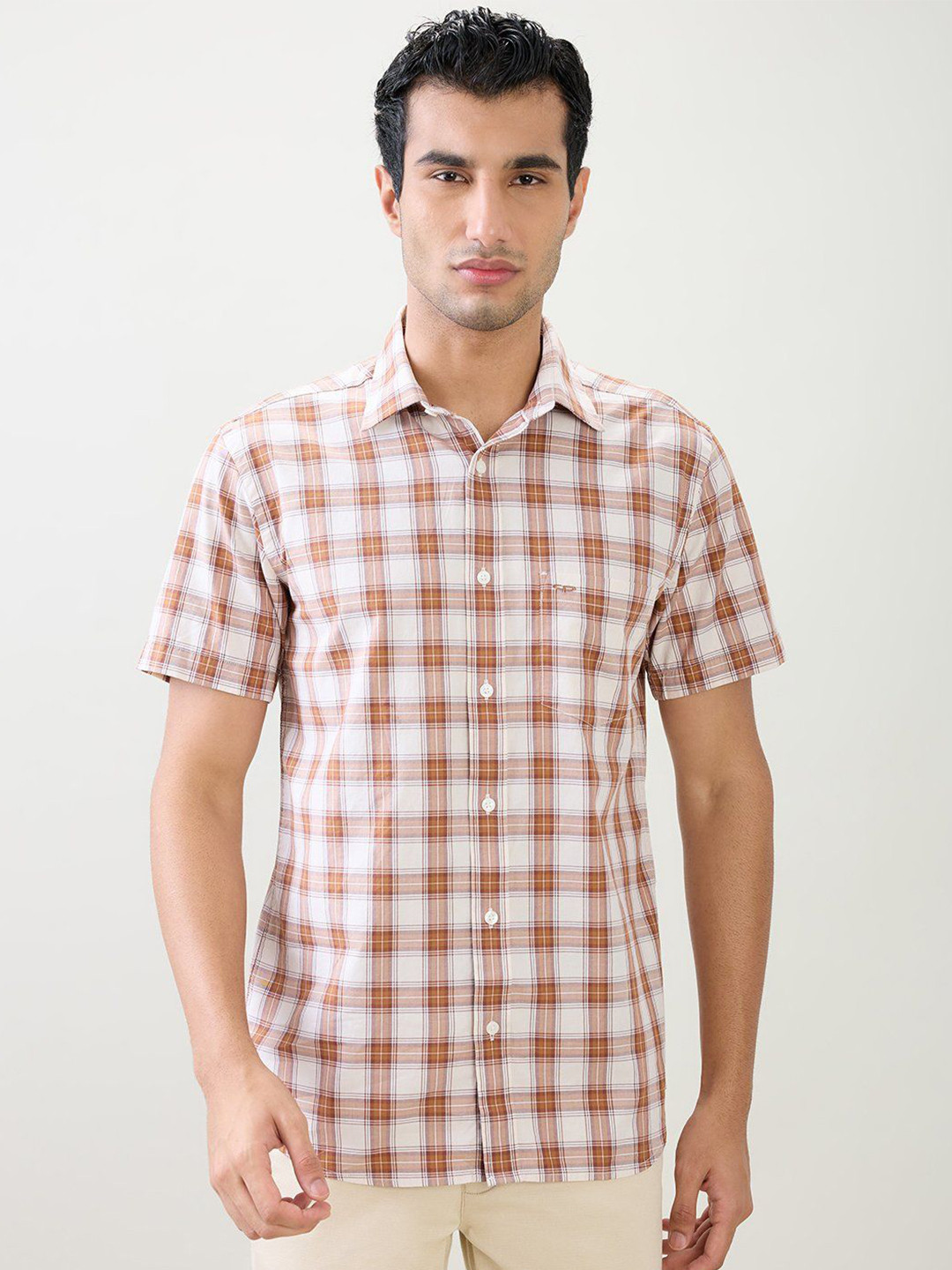 ColorPlus Gingham Checked Printed Spread Collar Comfort Regular Fit Cotton Casual Shirt