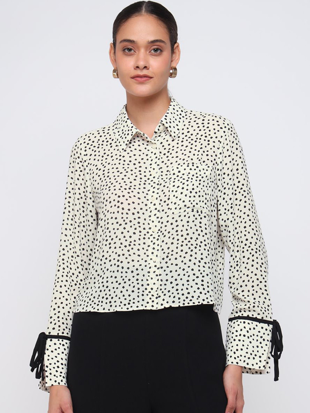 COVER STORY Polka Dots Printed Bell Sleeves Shirt Style Top