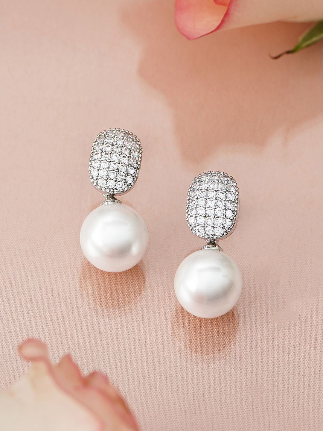 Rubans Rhodium-Plated Pearl Drop Earrings with Cushion-Shaped Diamond Studded Top