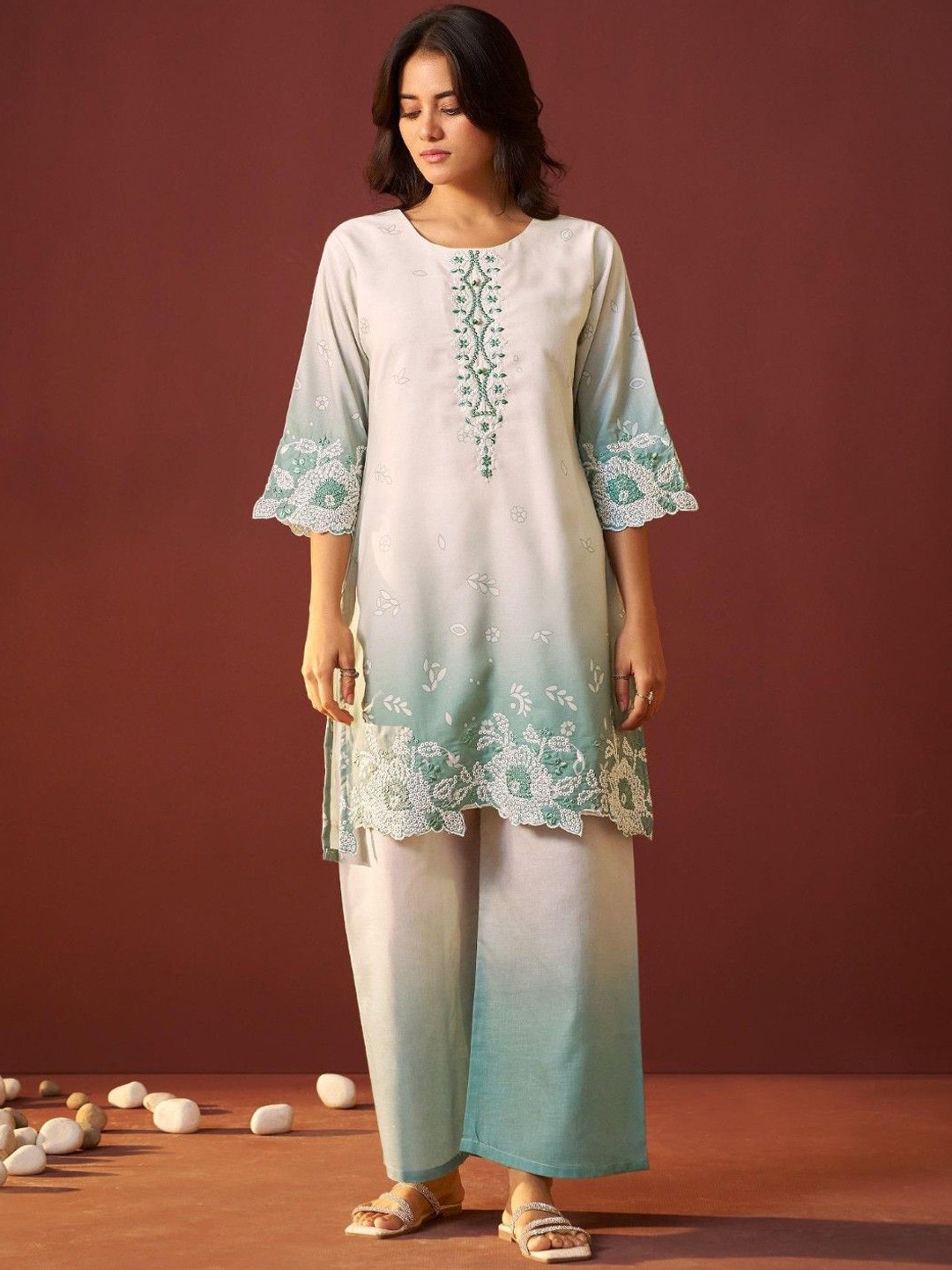 AUTUMN LANE Ira Spruce Embroidered Round Neck Pure Cotton Tunic With Palazzo Co-Ords