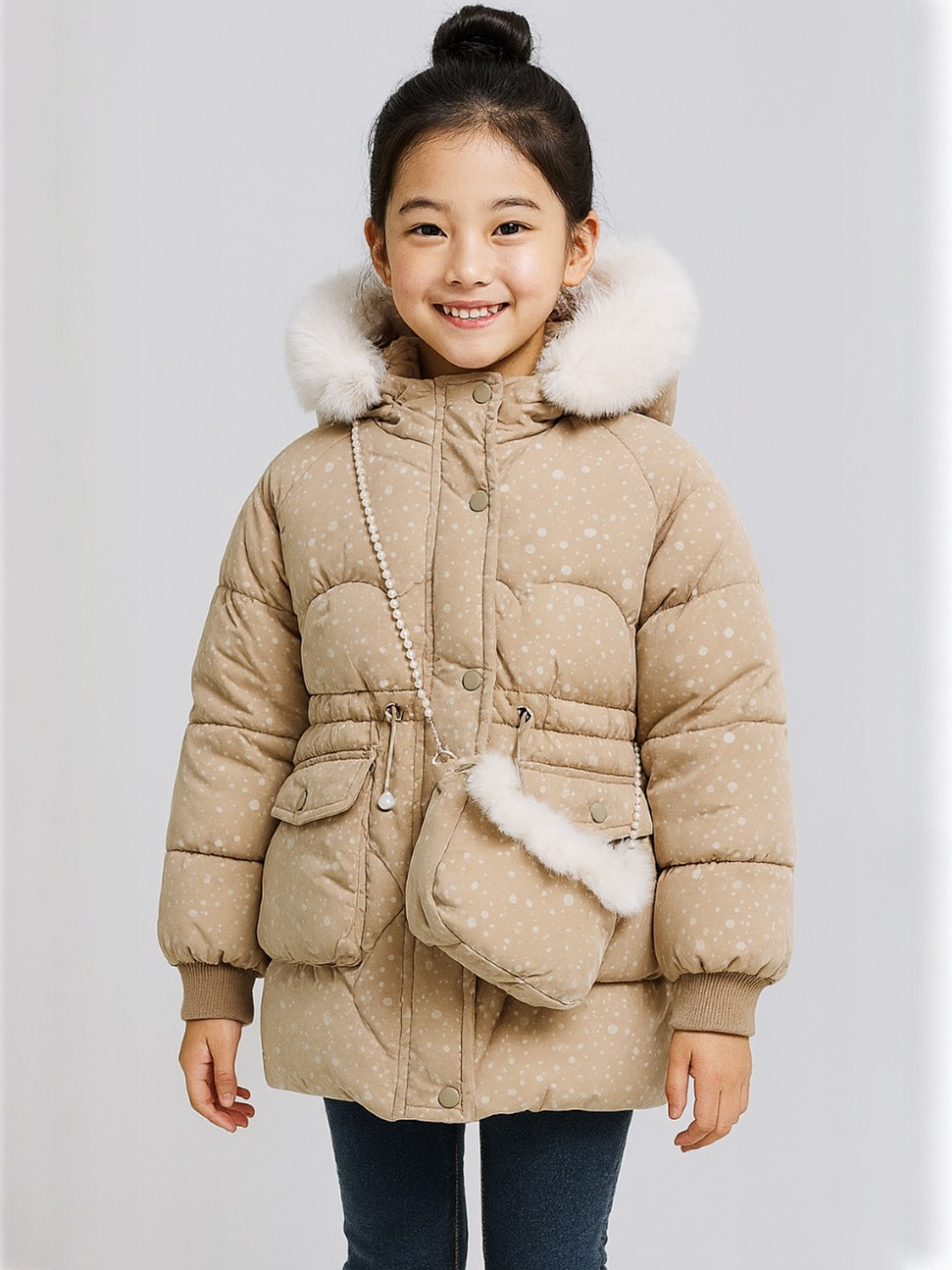 AIDAN PAUL Kids Girls Cream Water Resistant Puffer Jacket With Sling Bag