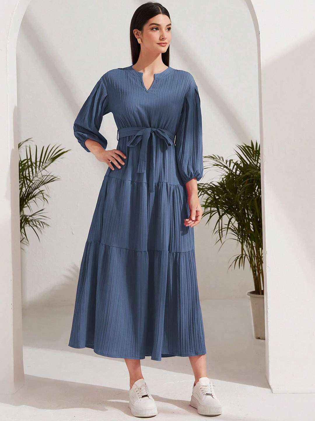 FNOCKS Women Striped Mandarin Collar Puff Sleeves Cotton Fit & Flare Midi Dress