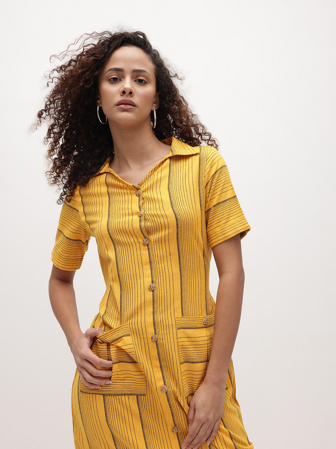 R.Code by The Roadster Life Co. Striped Shirt Pure Cotton Maxi Dress with Mock Buttons