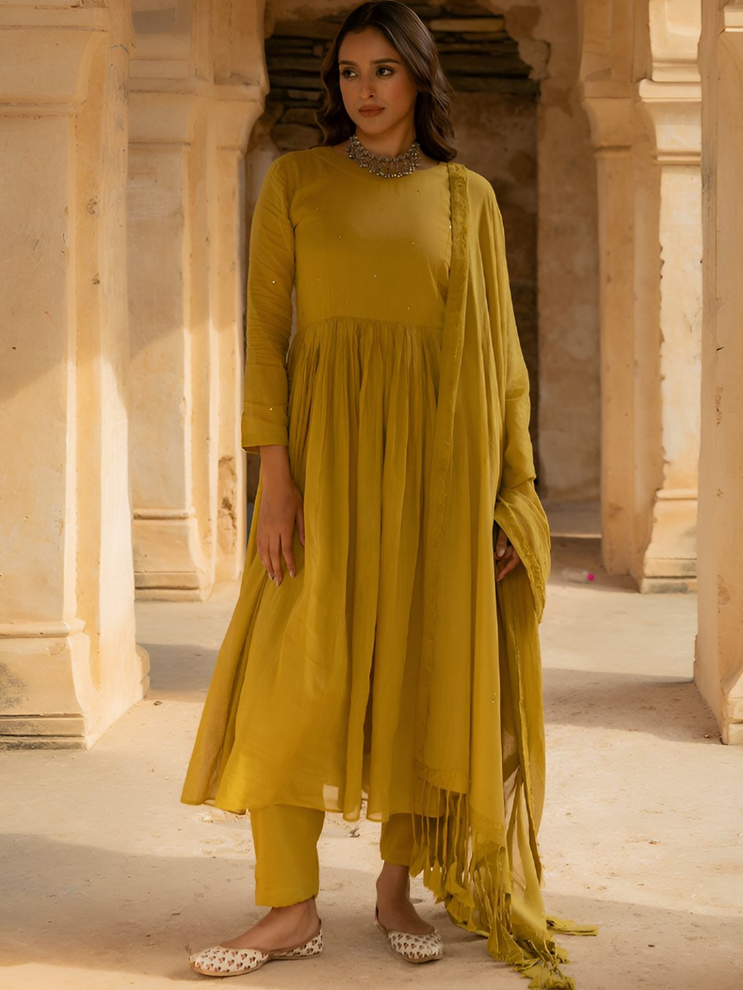 TERHA TAALI Women Solid Cotton Anarkali Kurta with Pyjamas & Dupatta