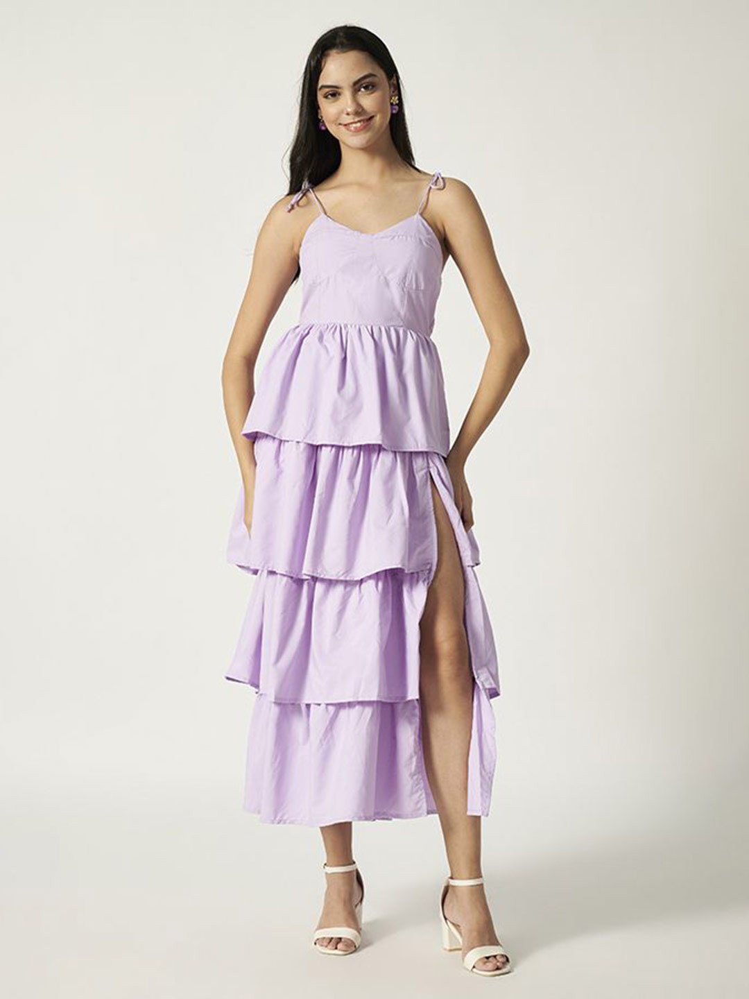 House of Sal Lilac Women Shoulder Straps Smocked Layered  Cotton Fit And Flare Dress