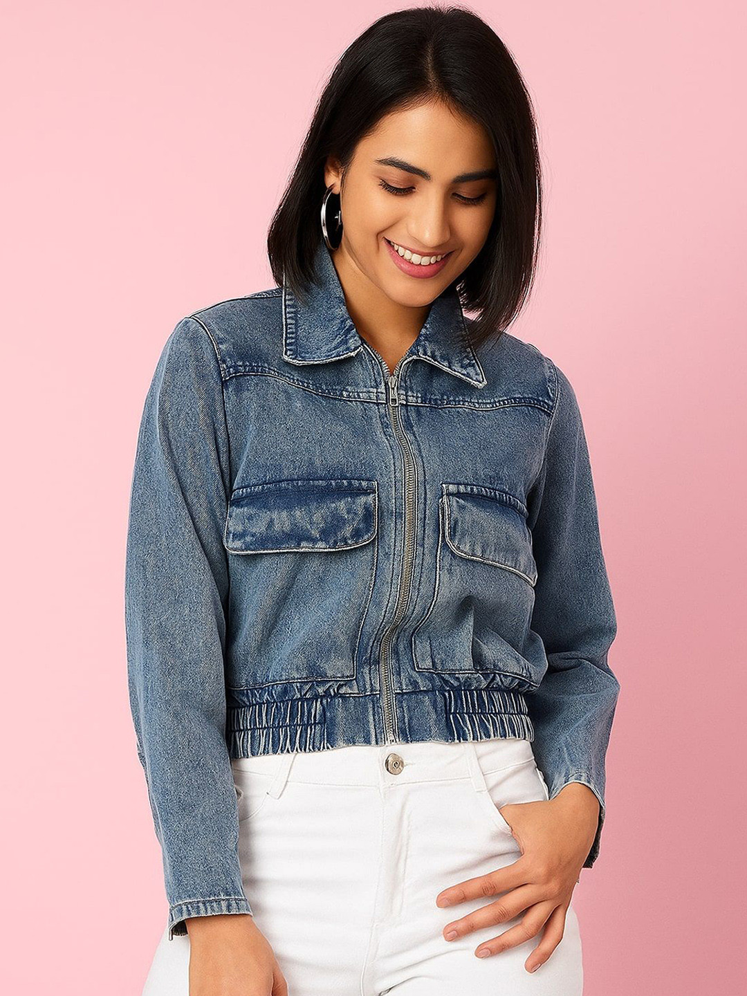 R.Code by The Roadster Lifestyle Co. Women Spread Collar Pure Cotton Washed Denim Jacket