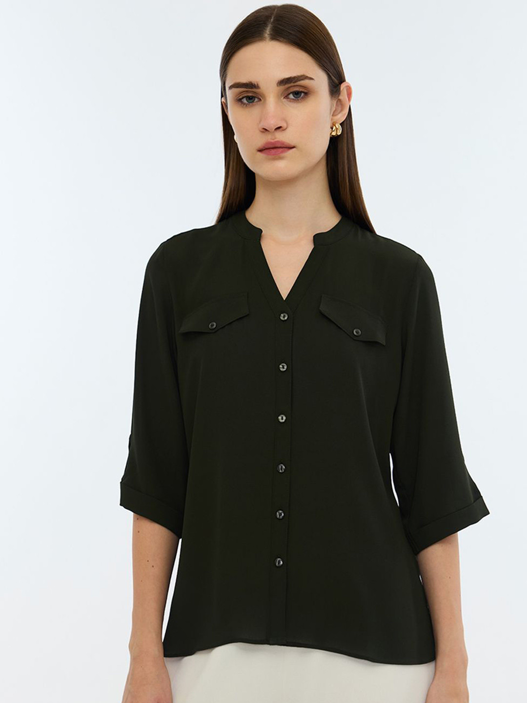 COVER STORY Women Mandarin Collar Roll-Up Sleeves Shirt Style Top