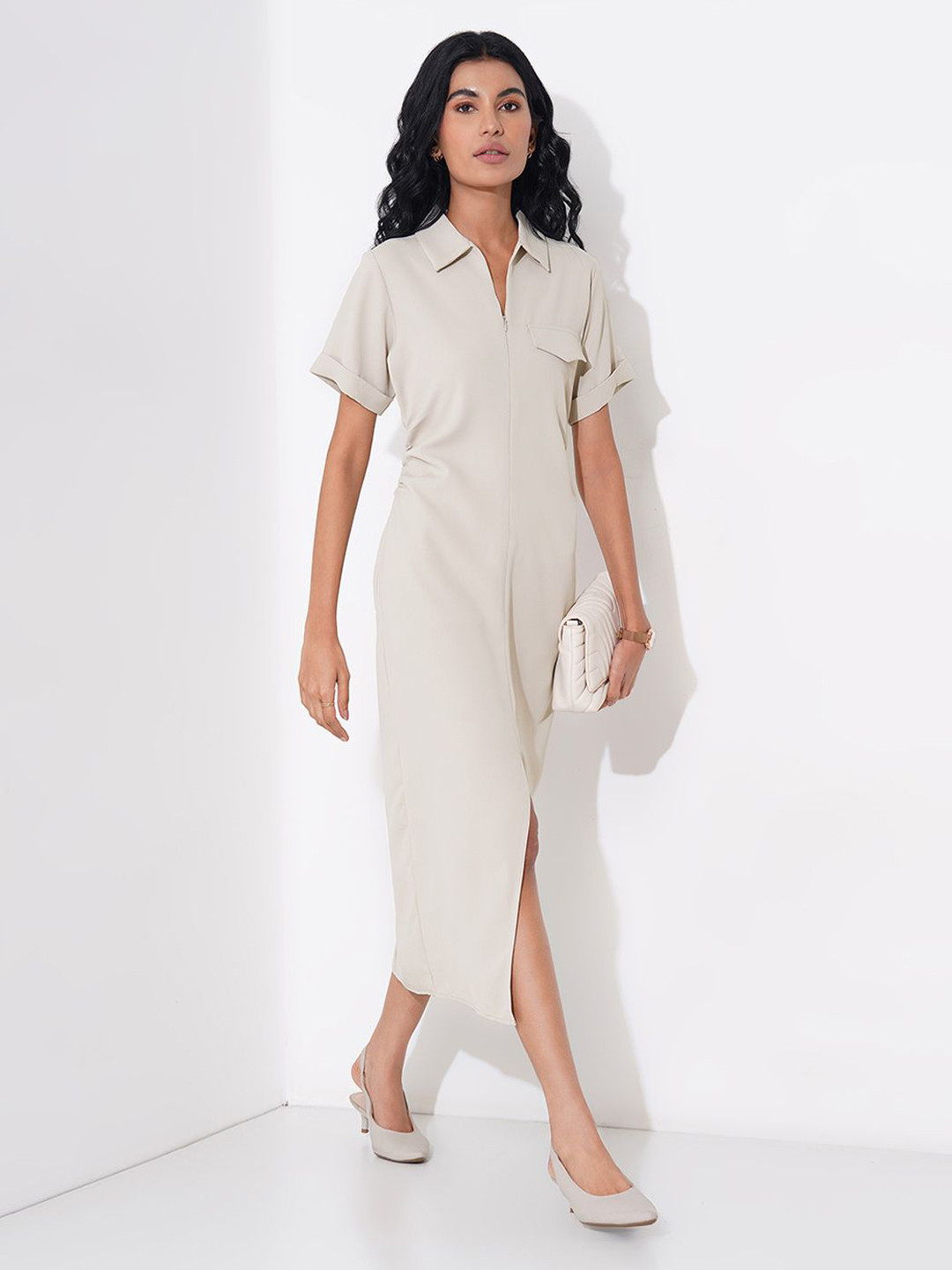 Annabelle by Pantaloons Women Shirt Collar Slits Midi Dress