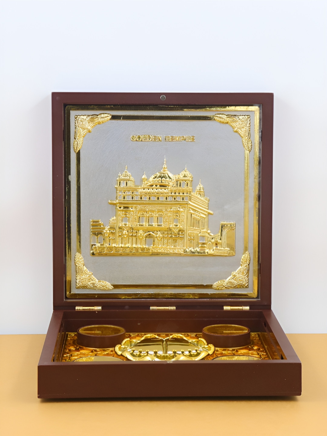 INTERNATIONAL GIFT Gold-Toned & Brown Golden Temple Charan Paduka Portable Spiritual Box