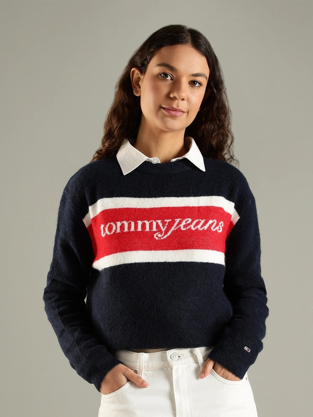 Tommy Hilfiger Europe Women Brand Logo Printed Crew Neck Crop Pullover