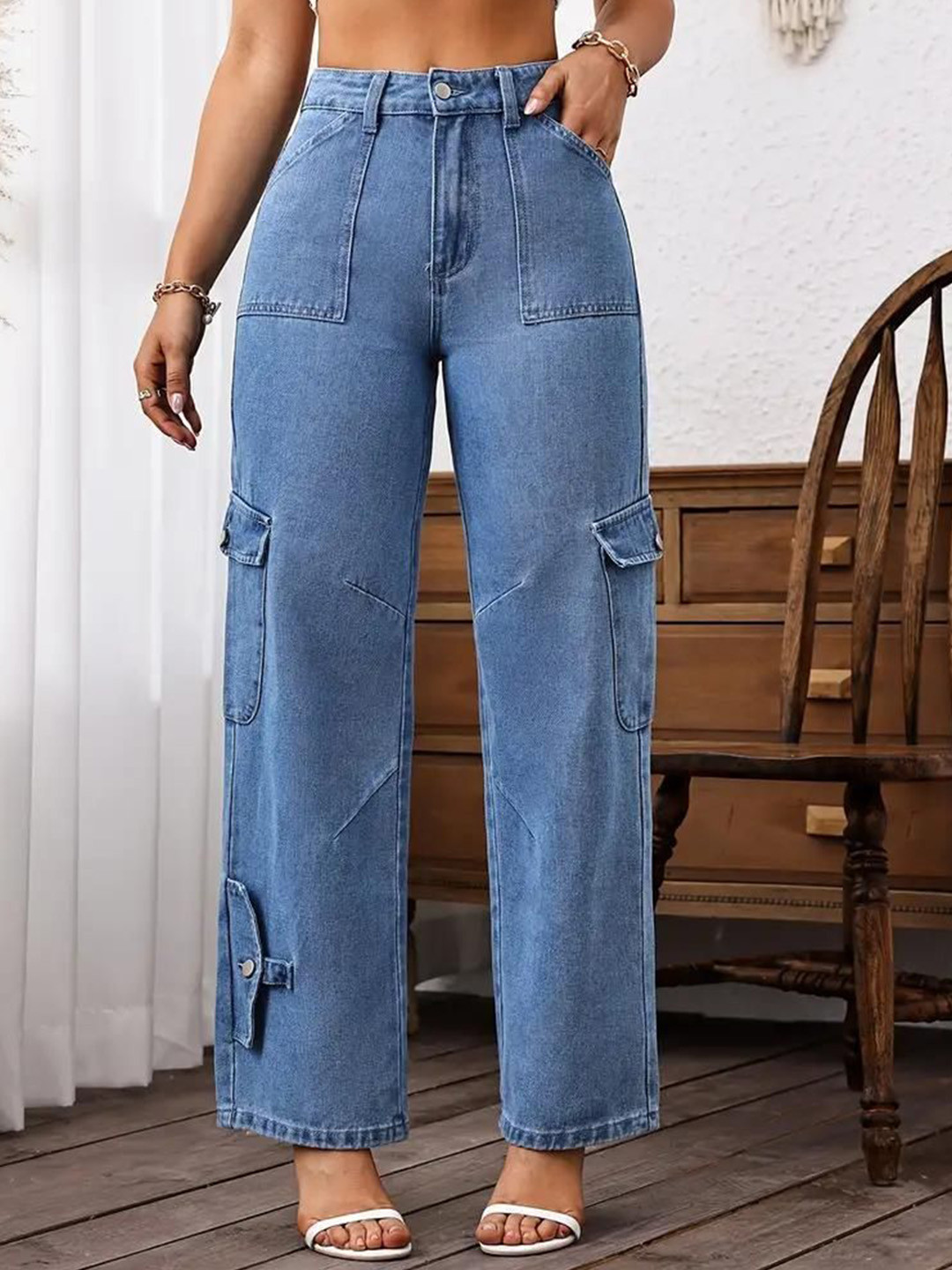 Crazeis Women Comfort Wide Leg High-Rise No Fade Acid Wash Stretchable Jeans