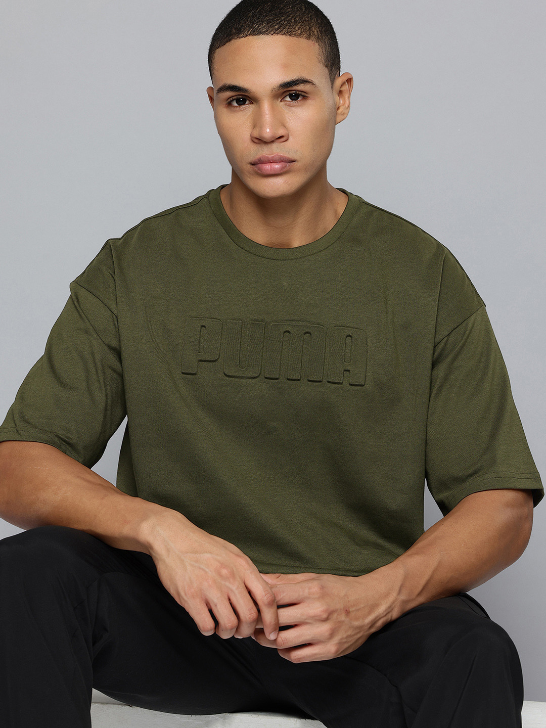 Puma ESS Emboss Brand Logo Drop-Shoulder Sleeves Pure Cotton Boxy T-shirt