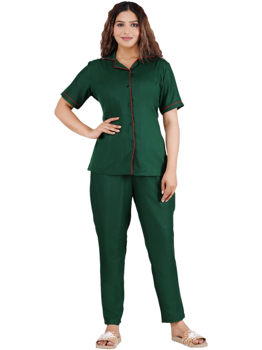 PUSHPRAJ FASHION Women's Rayon Solid Green Plain Relaxed Kurta Set of Shirt & Pyjama (Small)