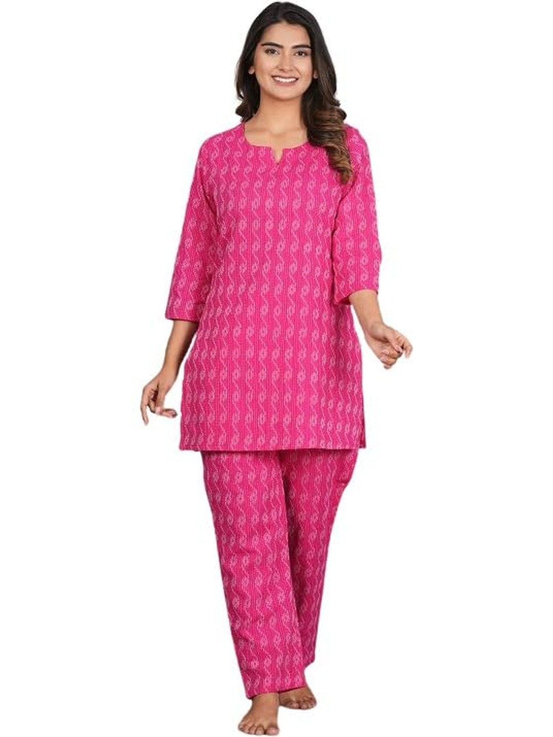 PUSHPRAJ FASHION Women's Cotton Round Neck Three-Quarter Sleeves Regular Fit Self Design Kurta Set (Pink -2XL)
