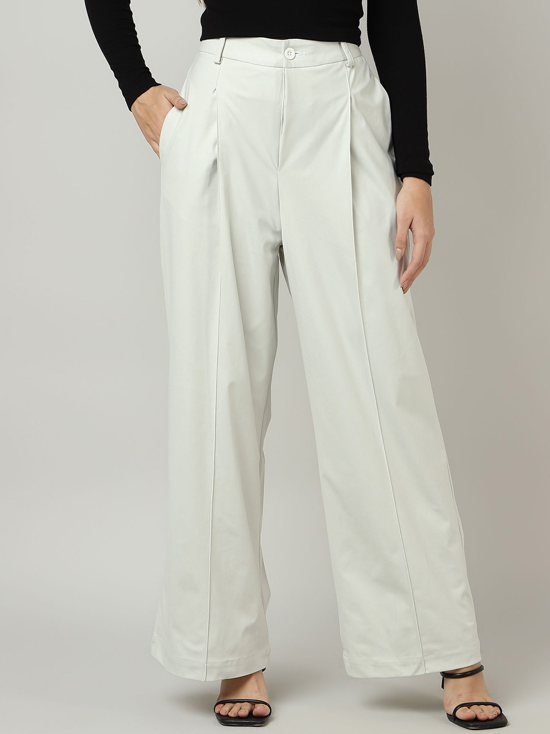 Sands of India Women Off-White Pleated Wide-Leg Korean Pants