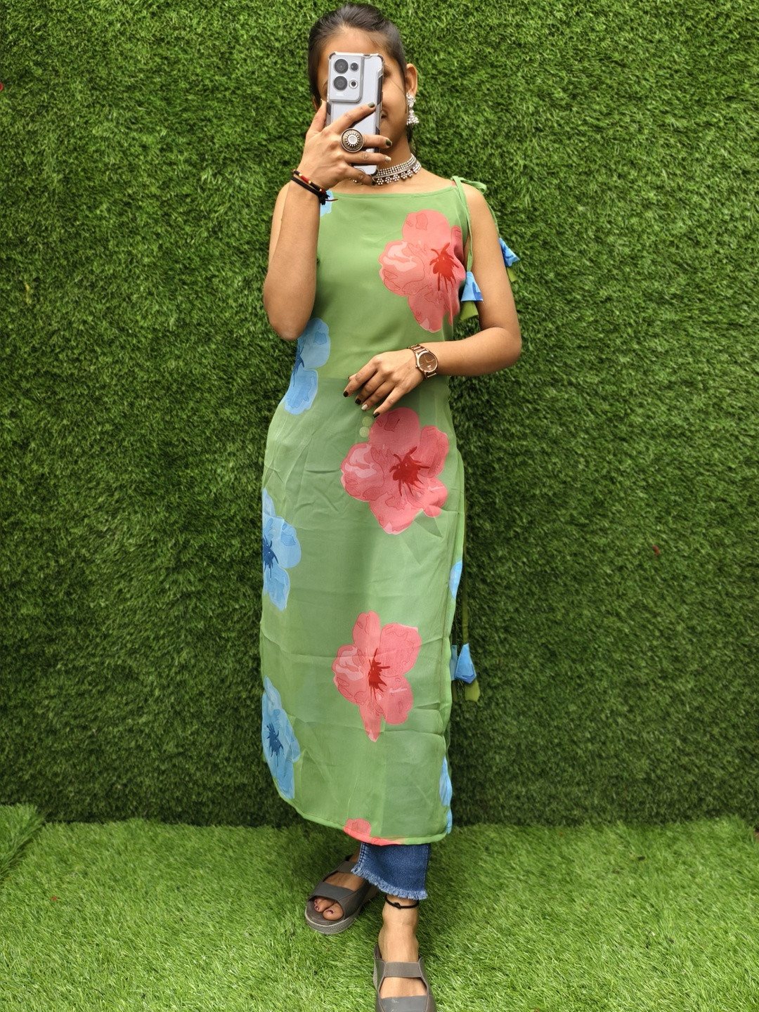 CORSICA Women Green Floral Print Georgette Sleeveless Stylish Casual Kurti