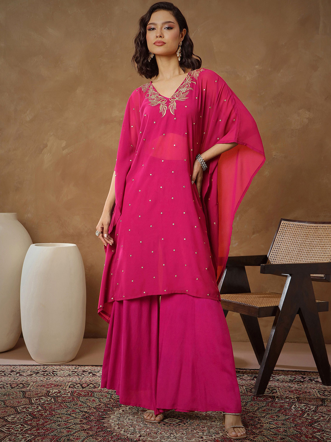 Shae by SASSAFRAS Women Floral Embroidered Kaftan Kurta with Palazzos