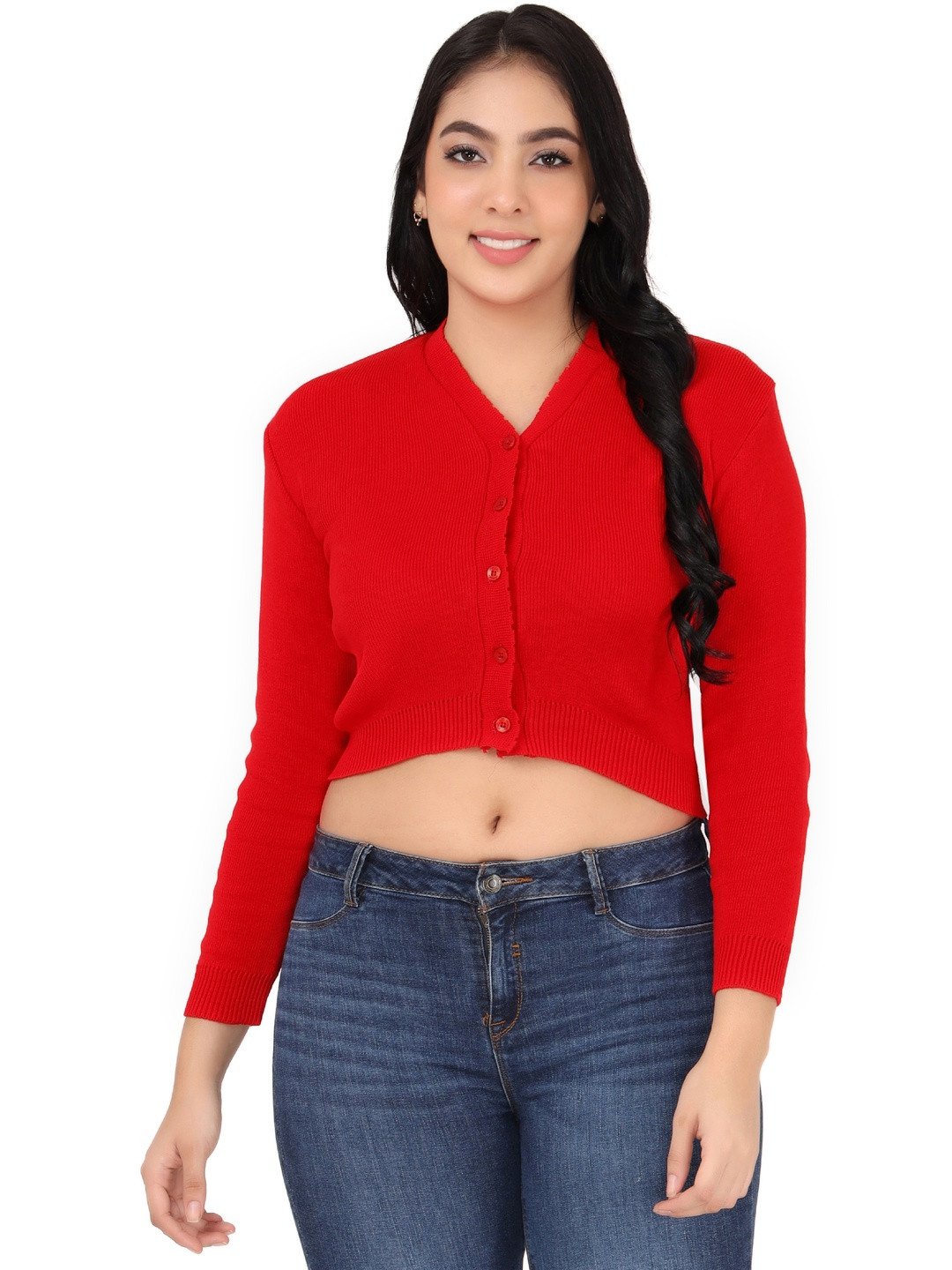 FEMULA Women Red Woolen V-neck Crop Top