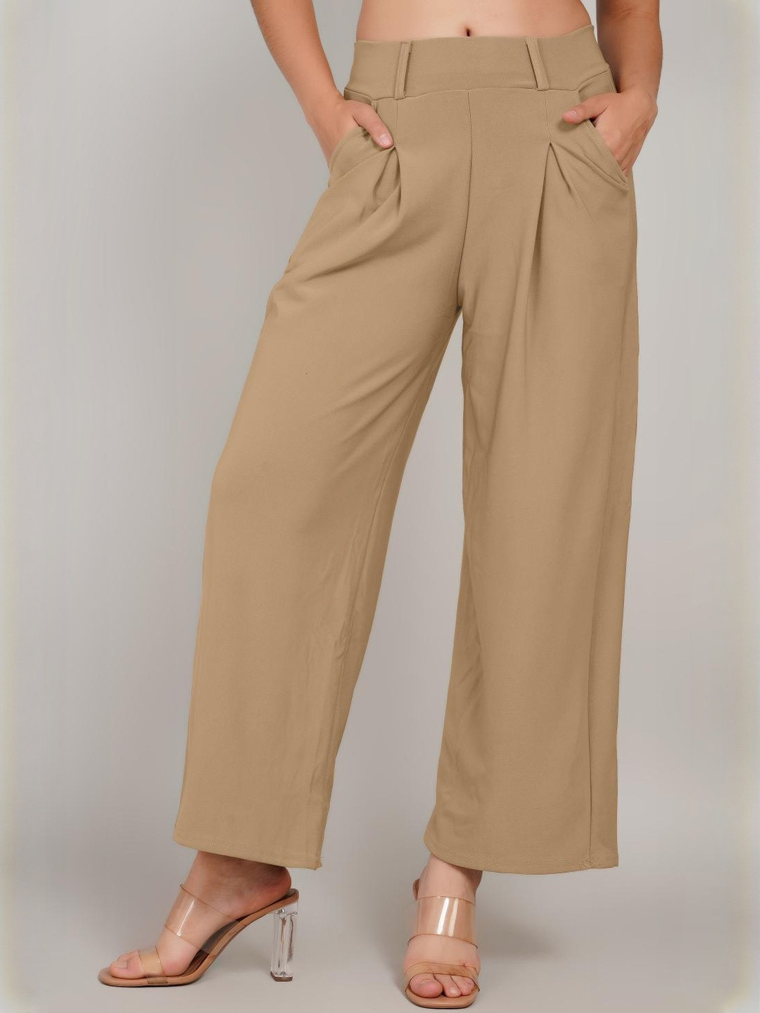 Lugo Women Solid Beige Mid-Rise Regular Fit Trousers