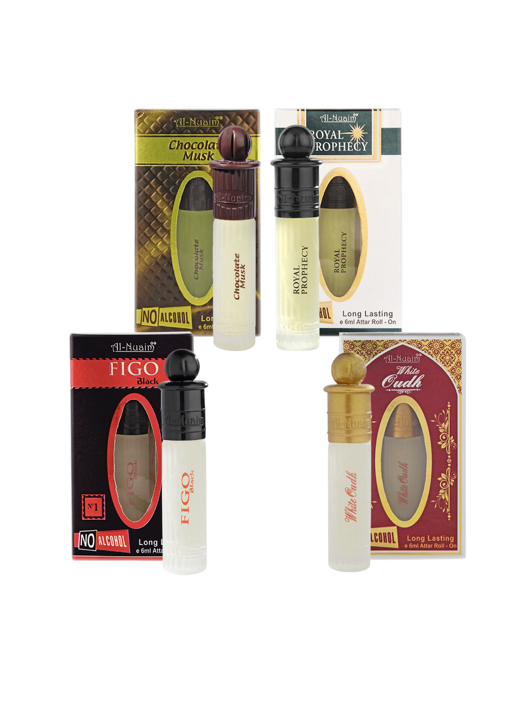 Al-Nuaim Pack of 4  Chocolate Musk Royal Prophecy Figo Black & White Oudh Roll On Attar