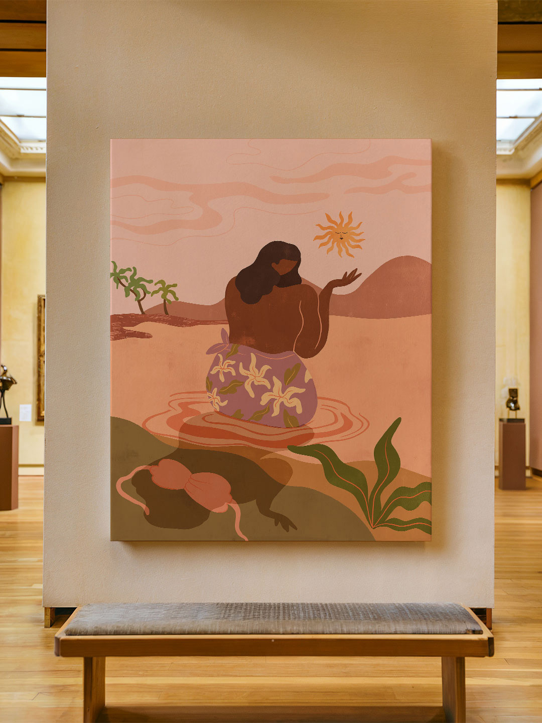 ASIAN MONK Multicoloured Single Piece Wood Sunset Wall Paintings