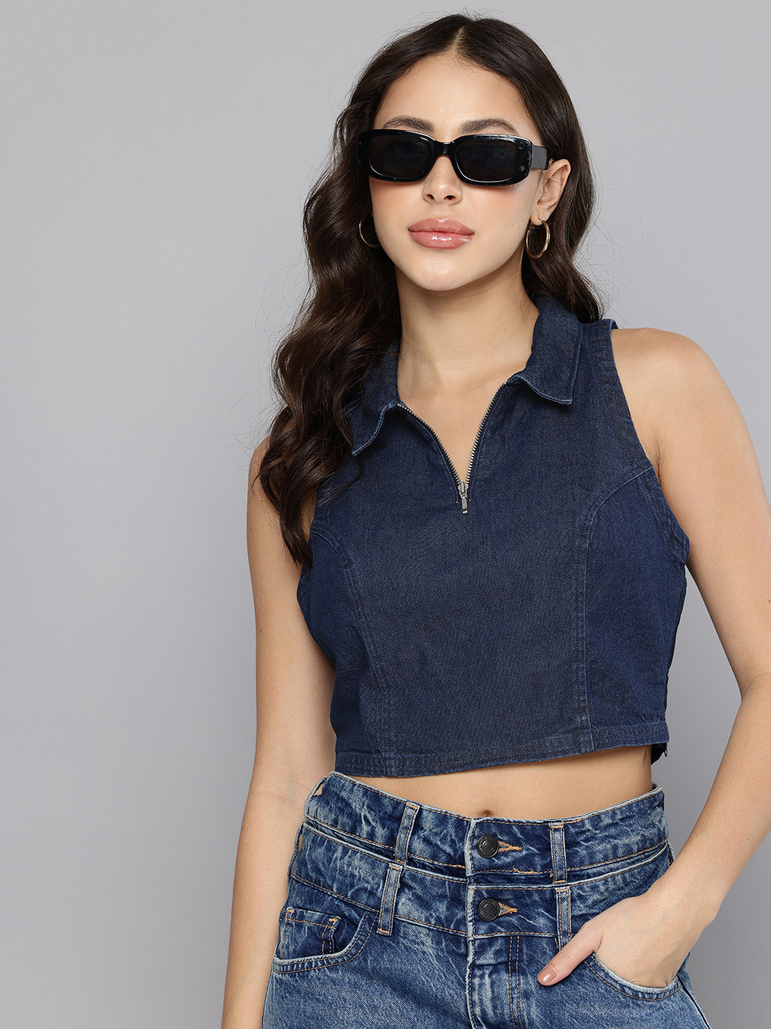 Levis Shirt Collar Pure Cotton Denim Crop Top