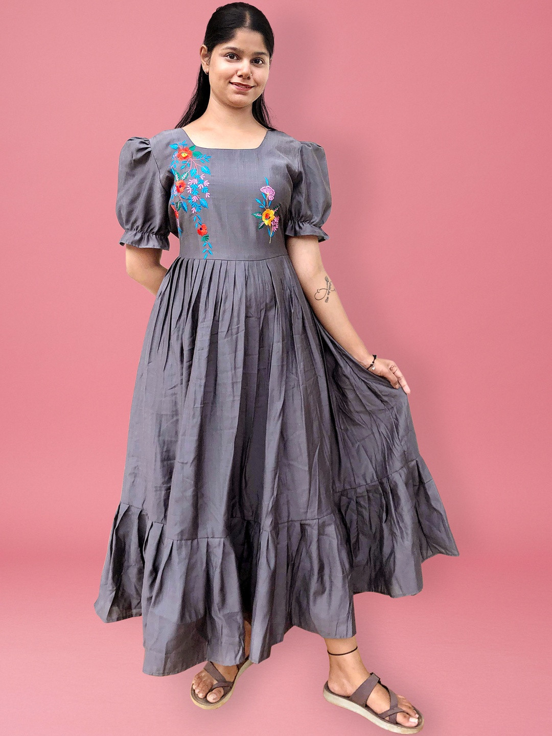 Bhavika Floral Embroidered Square Neck long frock