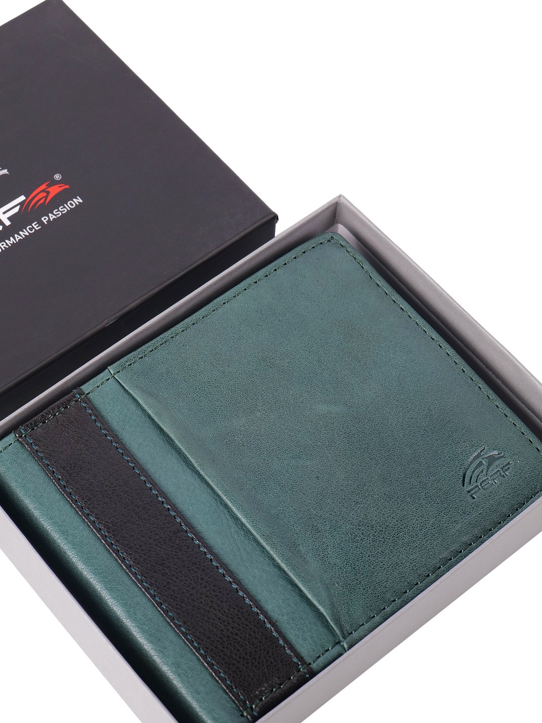 PERF Men Green & Black Leather Multi-Compartment Two Fold Wallet