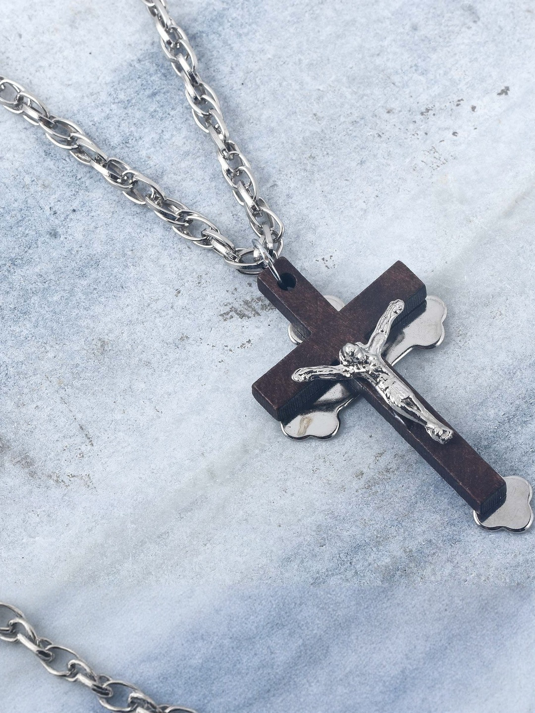 Stainless steel and wood Cross Cruciifix christ chain pendant